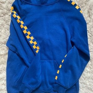 Blue hoodie with yellow checkerboard